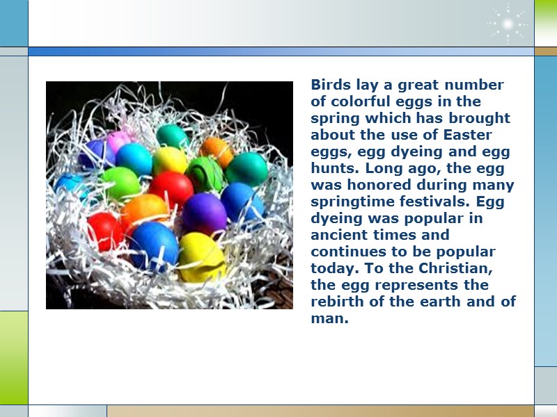 Birds lay a great number of colorful eggs in the spring which has brought